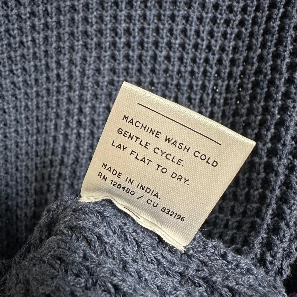 Pact Waffle Knit Sweater Mens S Blue 100% Organic Cotton Crewneck Fisherman Fall